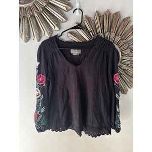 Anthropologie Embroidered Black Long Sleeve V Neck Cotton Top Size Small